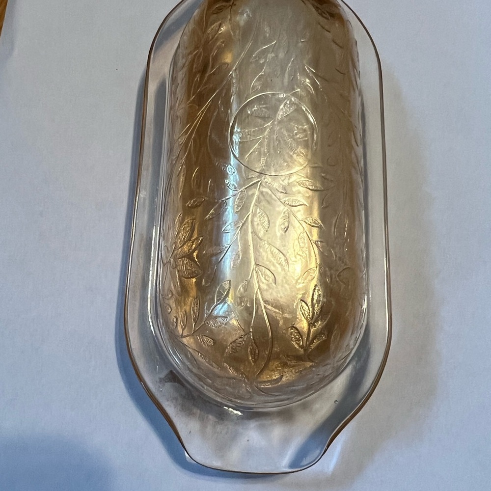 Vintage Jeannette Iridescent Carnival Floragold Louisa Marigold Butter Dish
